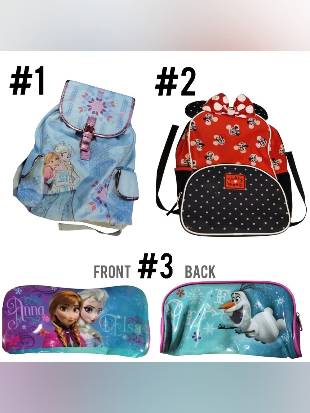 (3) Disney Bags | Frozen Backpack, Small Frozen Pouch, and Minnie Mouse Backpack